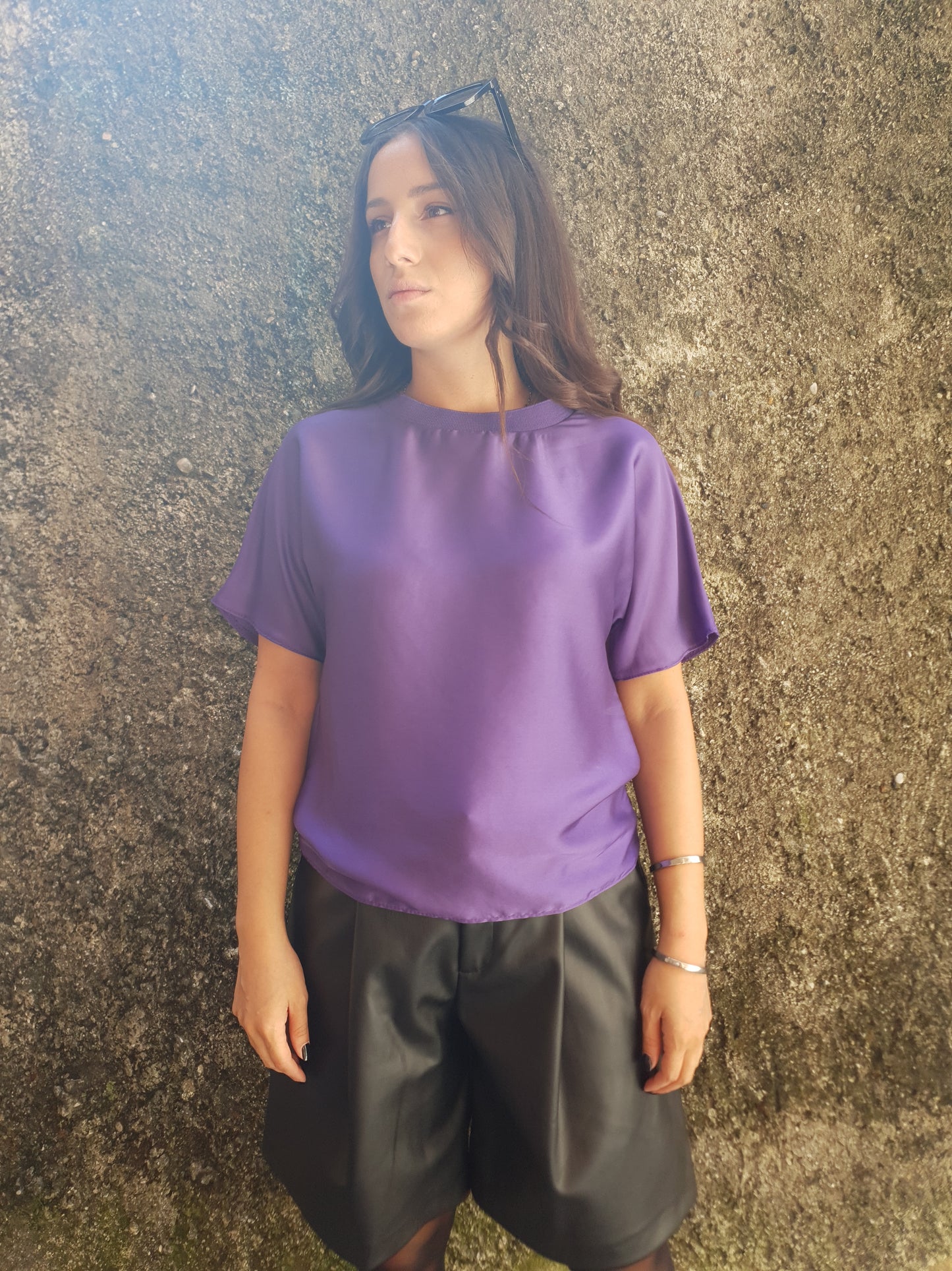 Violet Blouse with Satin Effect - Βιολετί Σατέν Μπλούζα