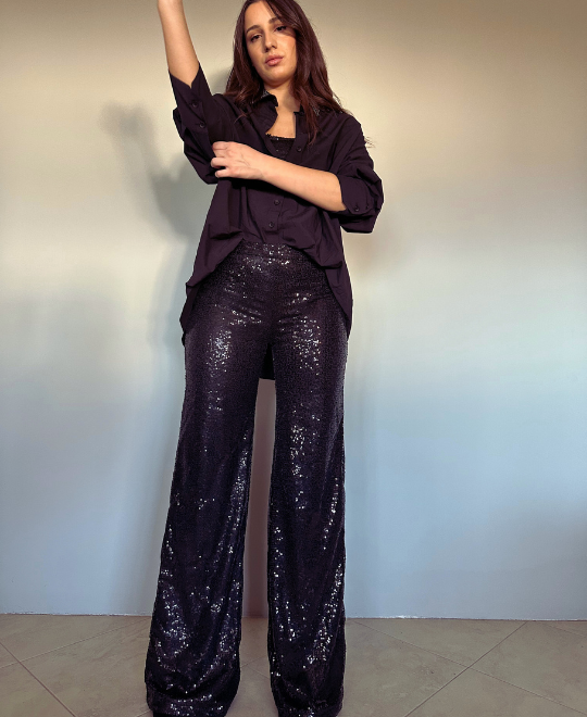 Παγιέτα Παντελόνι Wide Leg - Black Sequin Wide Leg Trousers