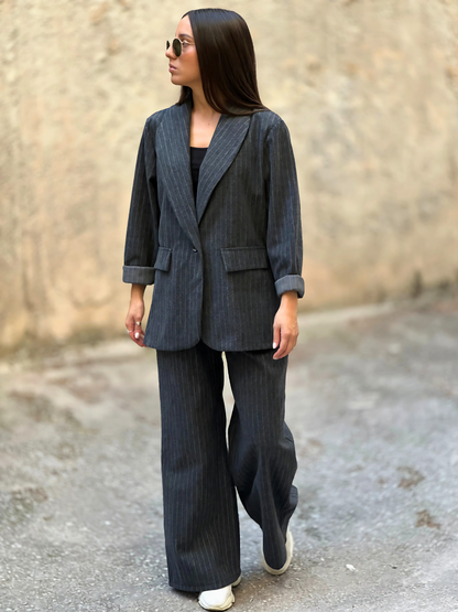 Γκρι Ριγέ Μάλλινο Κουστούμι - Grey Striped Woolen Suit