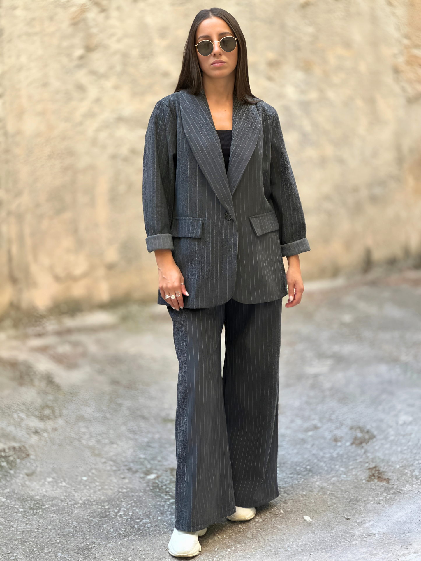 Γκρι Ριγέ Μάλλινο Κουστούμι - Grey Striped Woolen Suit