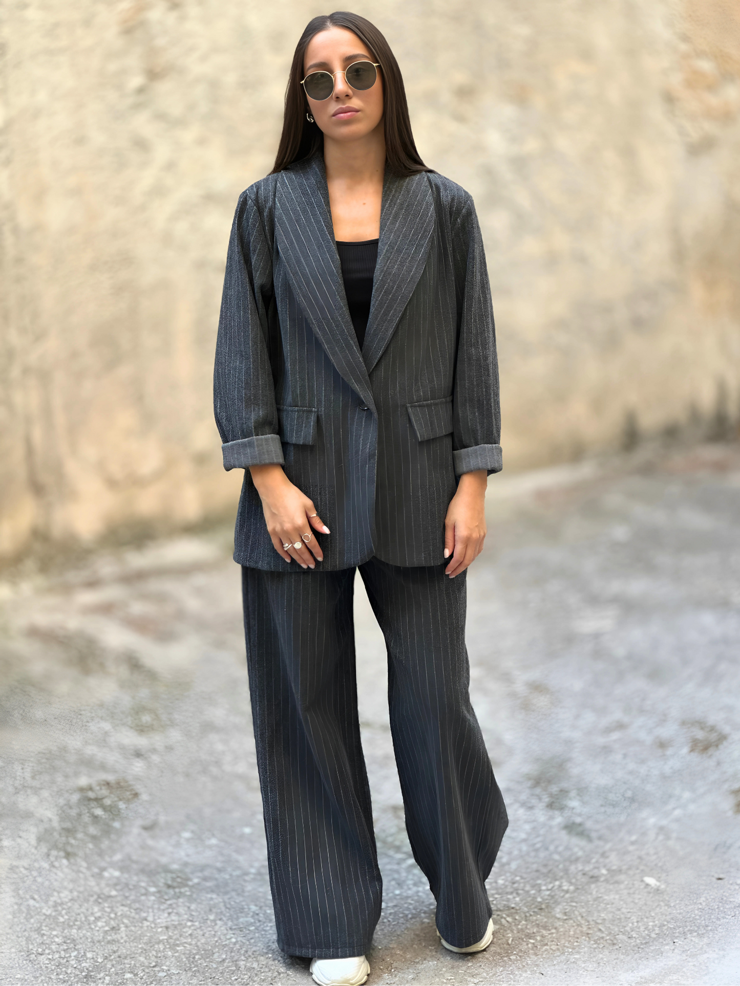 Γκρι Ριγέ Μάλλινο Κουστούμι - Grey Striped Woolen Suit