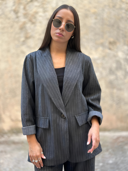 Γκρι Ριγέ Μάλλινο Σακάκι - Grey Striped Woolen Blazer