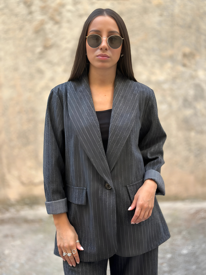 Γκρι Ριγέ Μάλλινο Σακάκι - Grey Striped Woolen Blazer