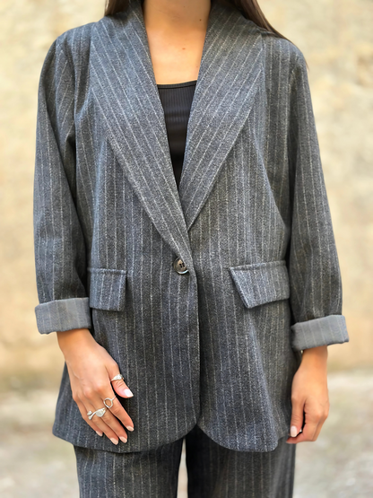 Γκρι Ριγέ Μάλλινο Σακάκι - Grey Striped Woolen Blazer