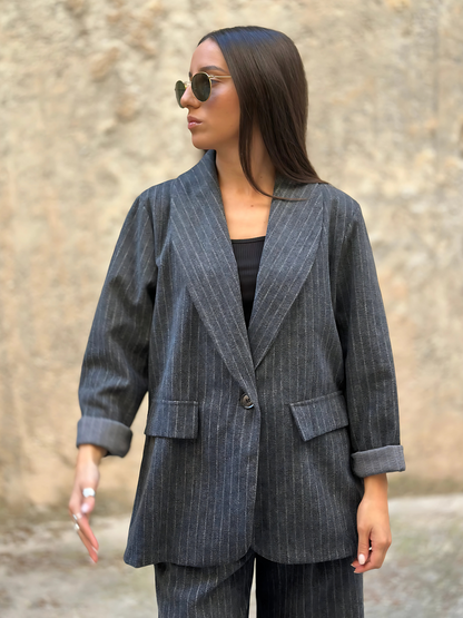 Γκρι Ριγέ Μάλλινο Σακάκι - Grey Striped Woolen Blazer