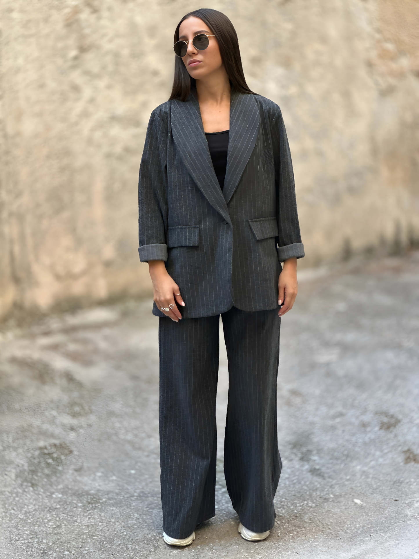 Γκρι Ριγέ Μάλλινο Σακάκι - Grey Striped Woolen Blazer