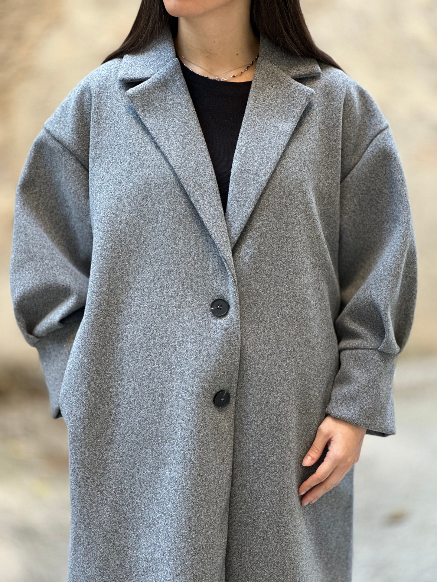 Γκρι Παλτό με Puff Μανίκια - Grey Coat with Puff Sleeves