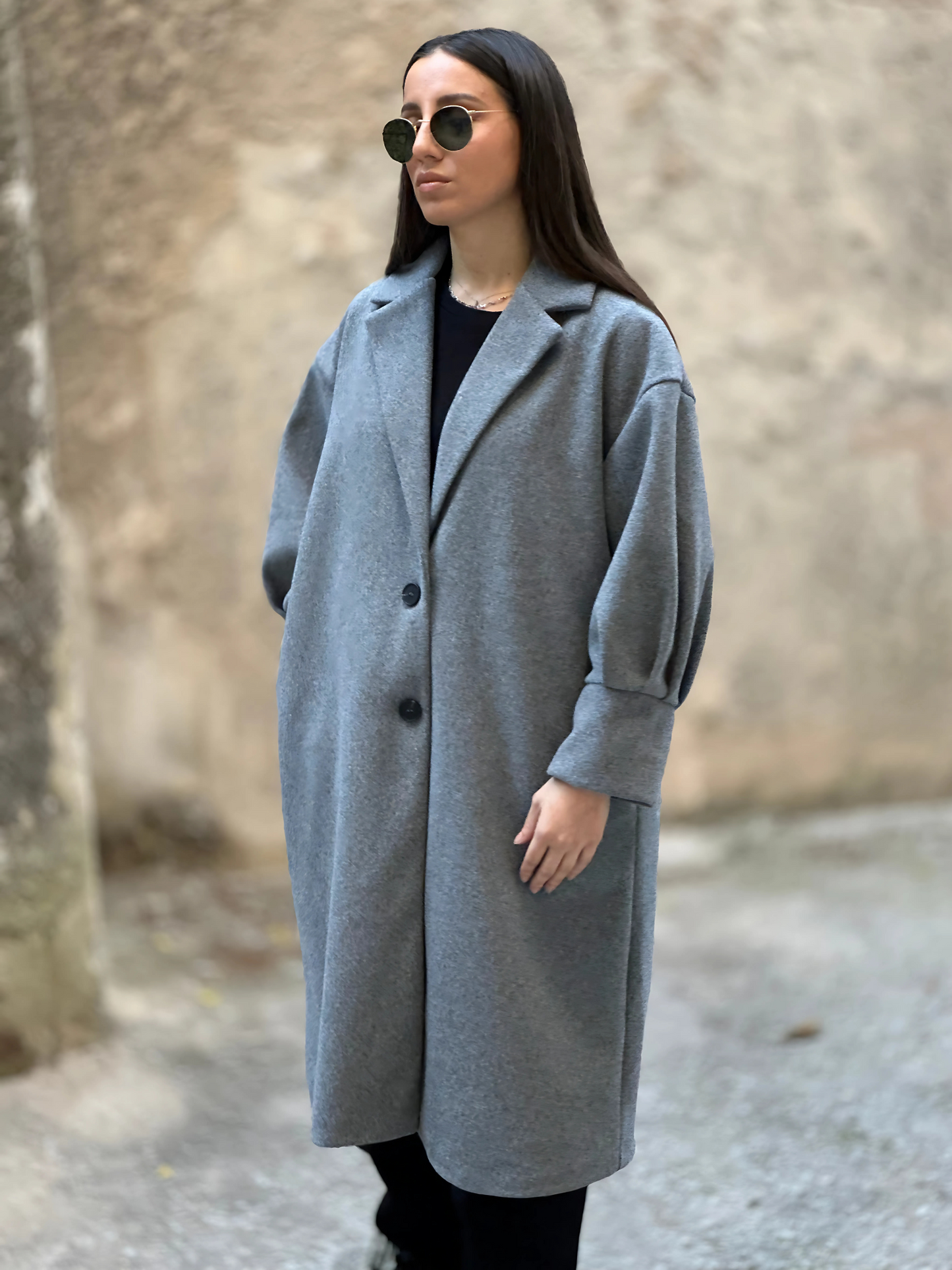 Γκρι Παλτό με Puff Μανίκια - Grey Coat with Puff Sleeves