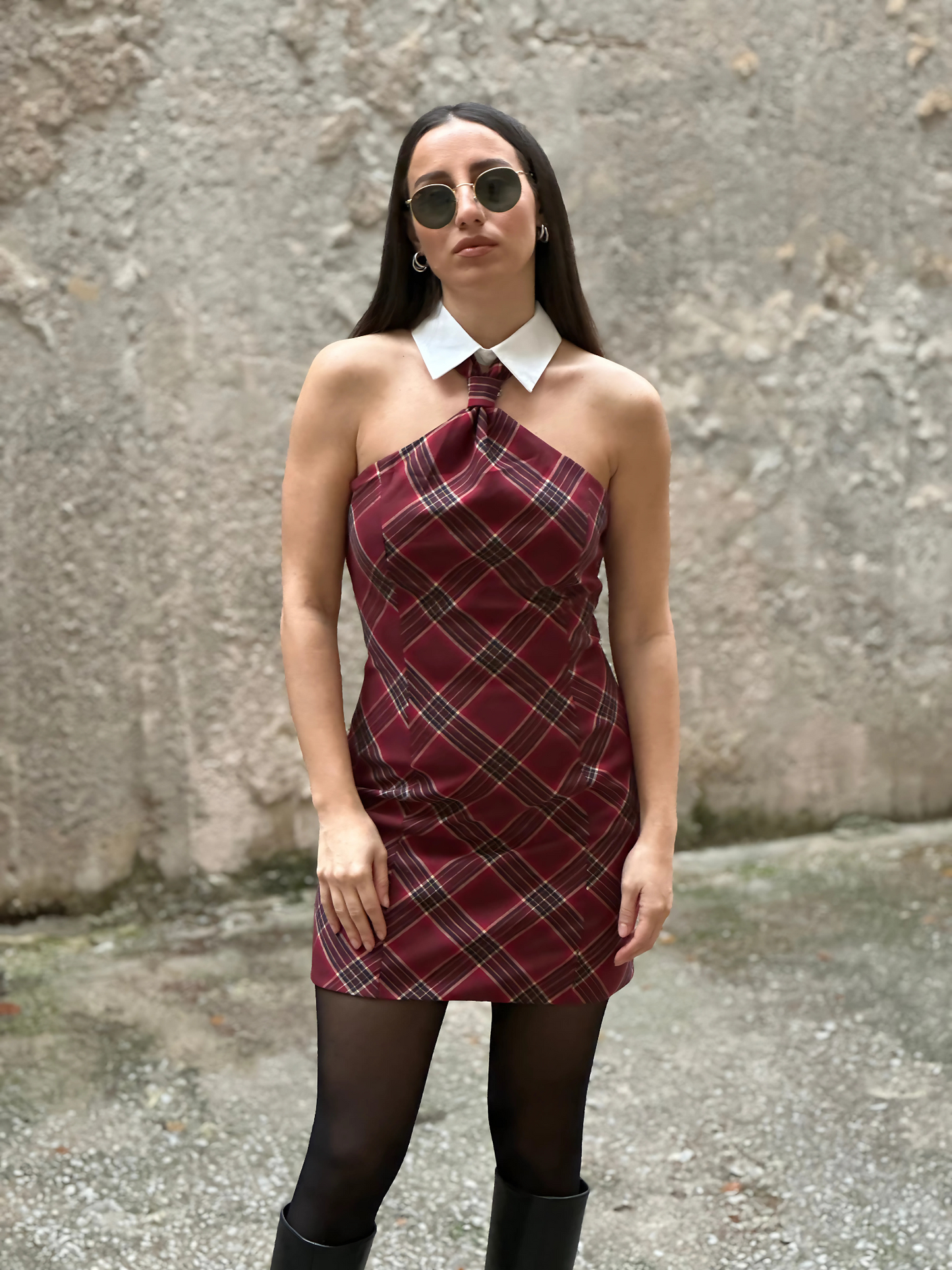 Μπορντό Φόρεμα με Καρό Μοτίβο - Short Halter Dress in Tartan Pattern