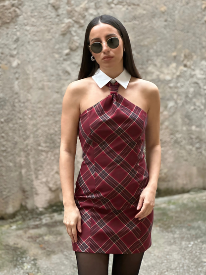 Μπορντό Φόρεμα με Καρό Μοτίβο - Short Halter Dress in Tartan Pattern