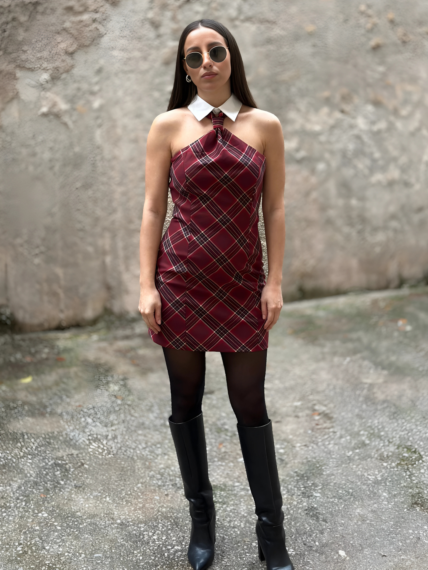 Μπορντό Φόρεμα με Καρό Μοτίβο - Short Halter Dress in Tartan Pattern