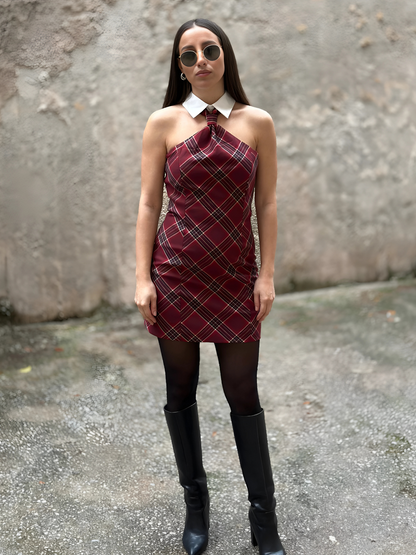 Μπορντό Φόρεμα με Καρό Μοτίβο - Short Halter Dress in Tartan Pattern