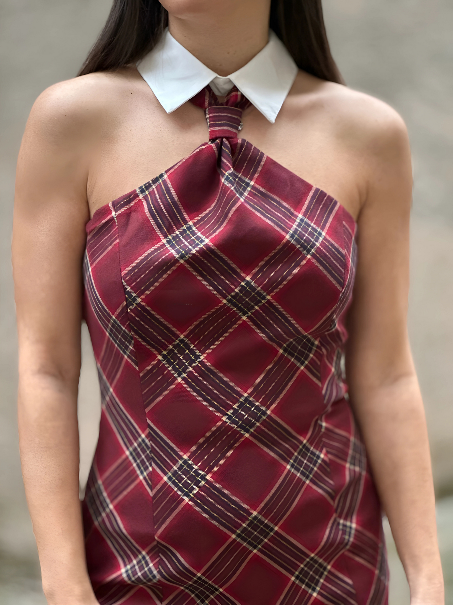 Μπορντό Φόρεμα με Καρό Μοτίβο - Short Halter Dress in Tartan Pattern