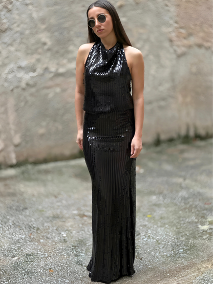 Μακριά Μαύρη Φούστα με Παγέτες - Black Maxi Sequin Skirt