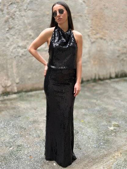 Μακριά Μαύρη Φούστα με Παγέτες - Black Maxi Sequin Skirt