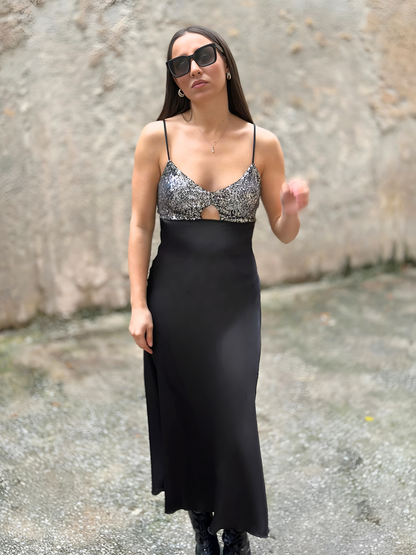 Μαύρο Φόρεμα με Λεπτομέρεια Παγέτας - Long Dress Satin Combined with Sequins