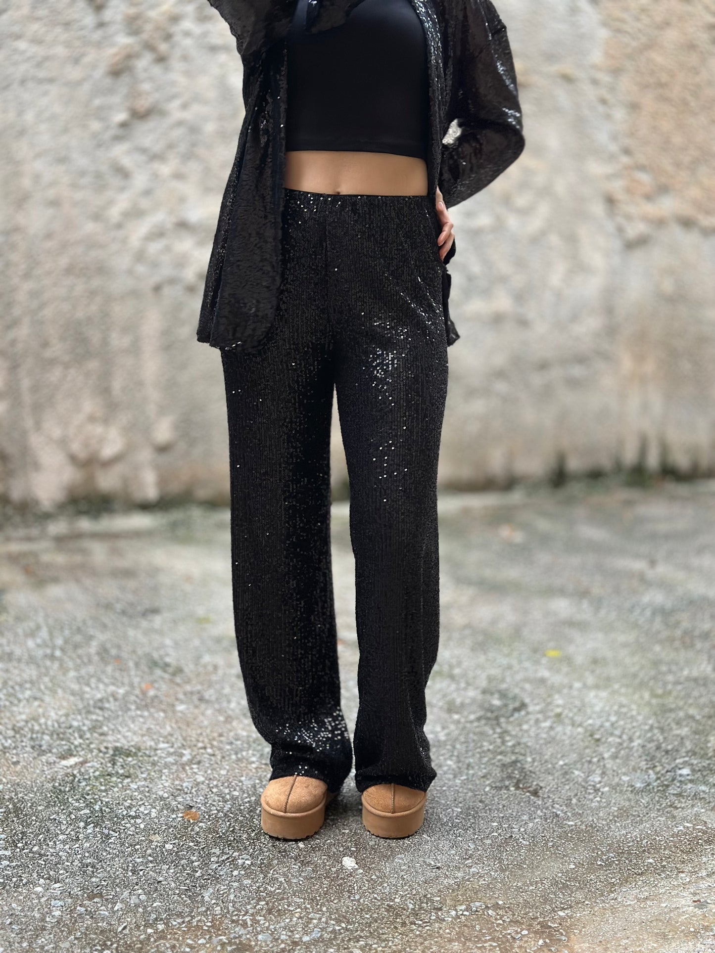 Μαύρο Παντελόνι με Παγέτες - Wide Leg Trousers with Sequins