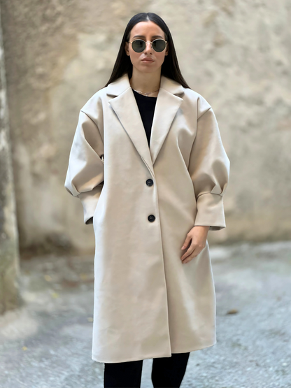 Ανοιχτό Μπεζ Παλτό με Puff Μανίκια - Light Beige Coat with Puff Sleeves