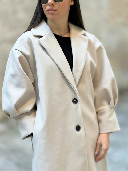 Ανοιχτό Μπεζ Παλτό με Puff Μανίκια - Light Beige Coat with Puff Sleeves