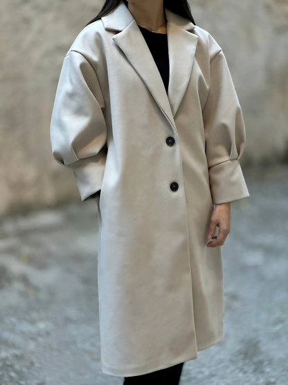 Ανοιχτό Μπεζ Παλτό με Puff Μανίκια - Light Beige Coat with Puff Sleeves