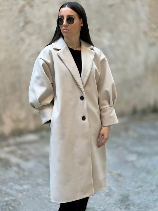 Ανοιχτό Μπεζ Παλτό με Puff Μανίκια - Light Beige Coat with Puff Sleeves