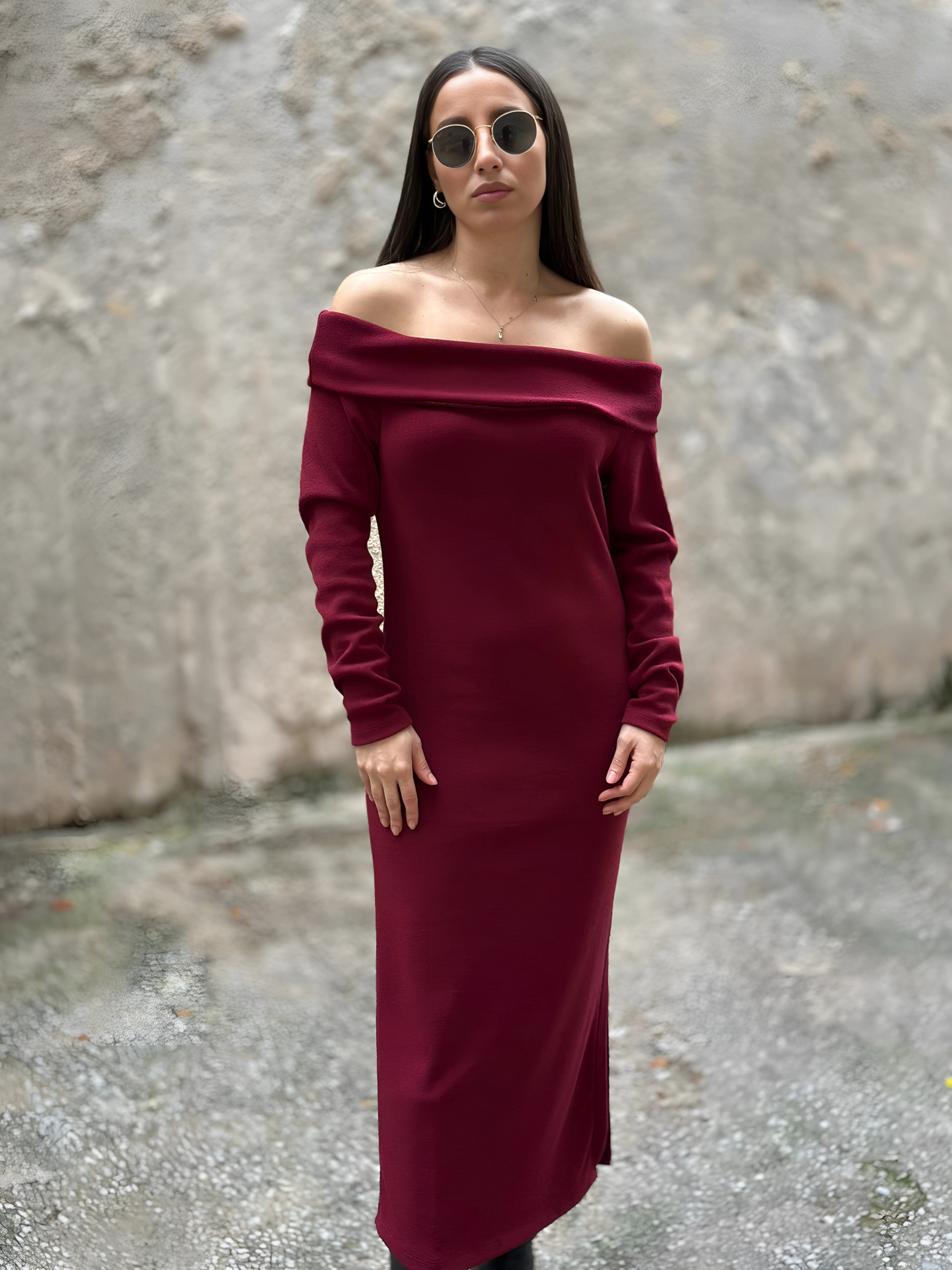 Μπορντό Πλεκτό Φόρεμα με Γυμνούς Ώμους - Burgundy Off-Shoulder Knitted Midi Dress