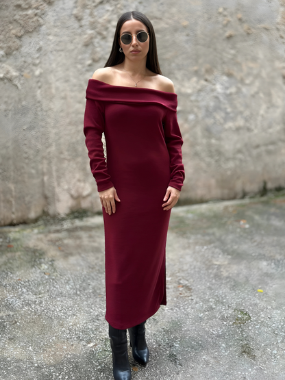 Μπορντό Πλεκτό Φόρεμα με Γυμνούς Ώμους - Burgundy Off-Shoulder Knitted Midi Dress