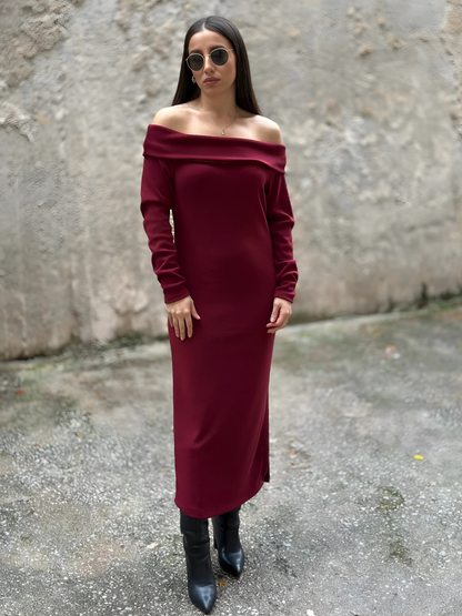 Μπορντό Πλεκτό Φόρεμα με Γυμνούς Ώμους - Burgundy Off-Shoulder Knitted Midi Dress