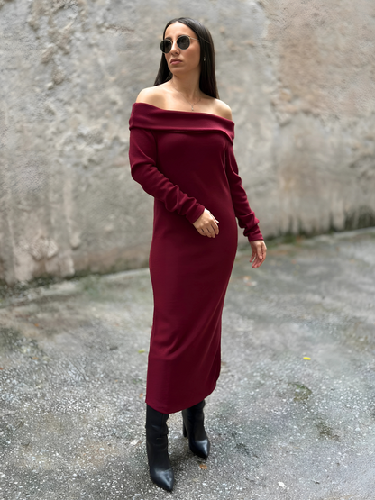 Μπορντό Πλεκτό Φόρεμα με Γυμνούς Ώμους - Burgundy Off-Shoulder Knitted Midi Dress