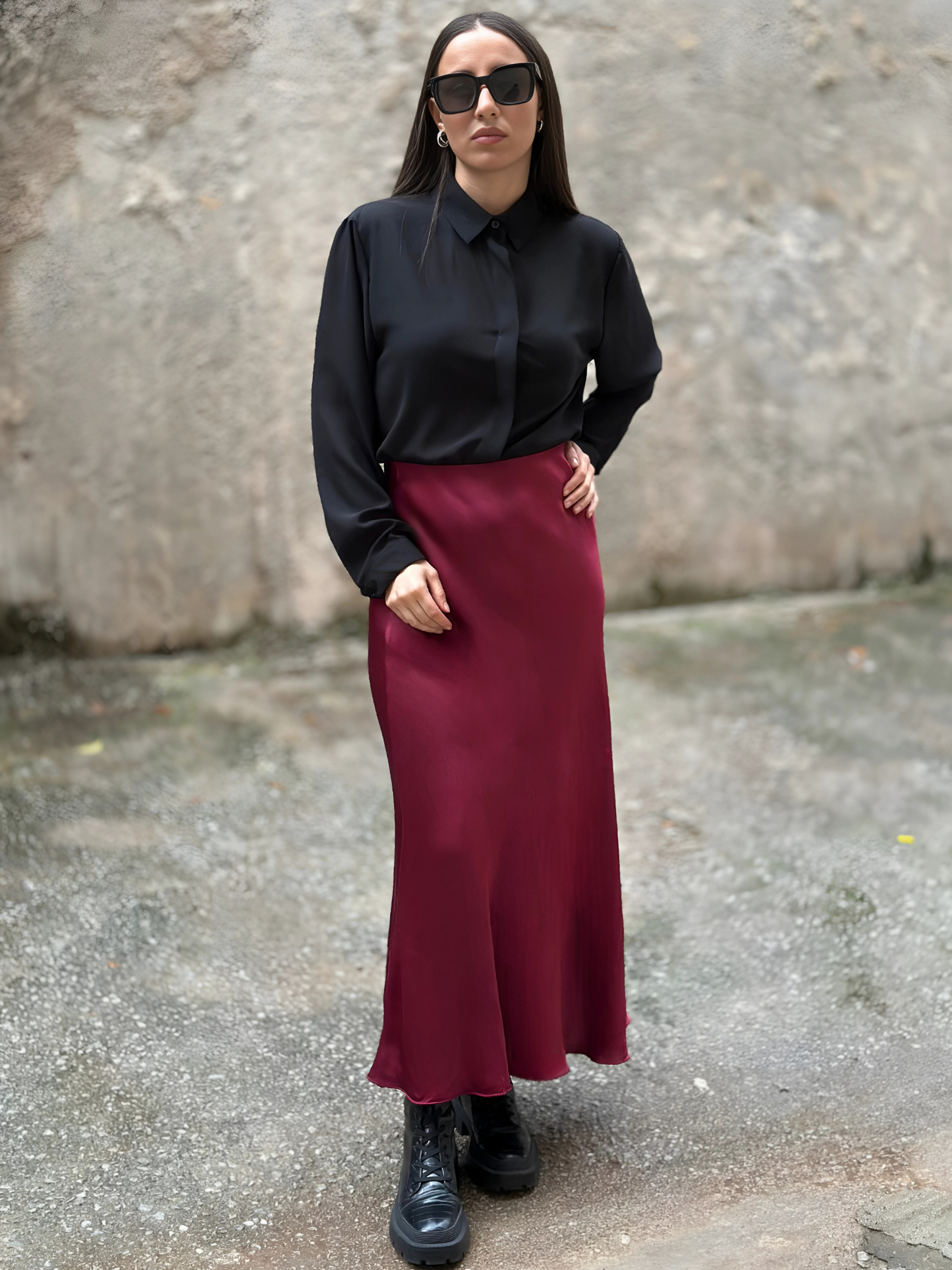 Μπορντό Midi Σατέν Φούστα - Bordeaux Midi Satin Skirt