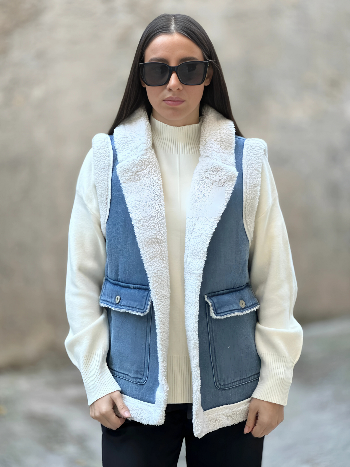 Τζιν Faux Sheepskin Γιλέκο - Denim Faux Sheepskin Vest