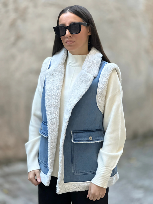 Τζιν Faux Sheepskin Γιλέκο - Denim Faux Sheepskin Vest