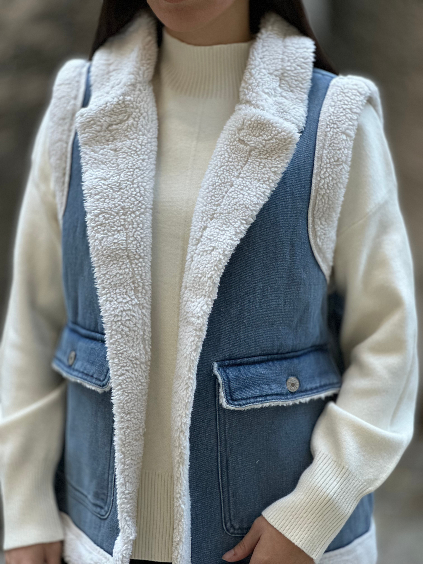 Τζιν Faux Sheepskin Γιλέκο - Denim Faux Sheepskin Vest